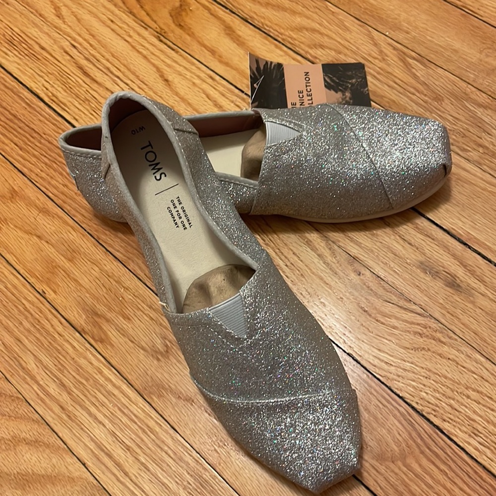 Tom’s Shoes Venice Collection Classic Silver Iridescent Glitter Flats New in Box